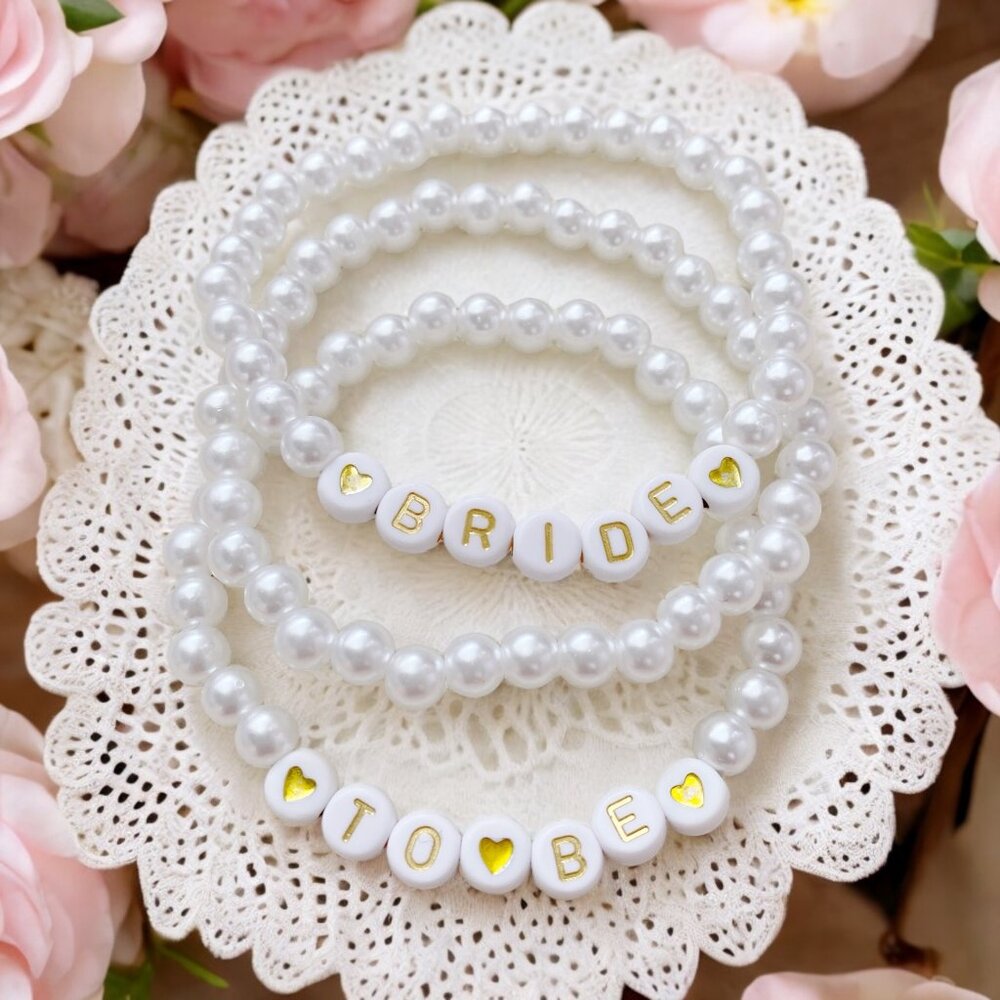 HANDMADE Bride To Be Wedding Gift Beaded Pearl Worded Bracelet Set